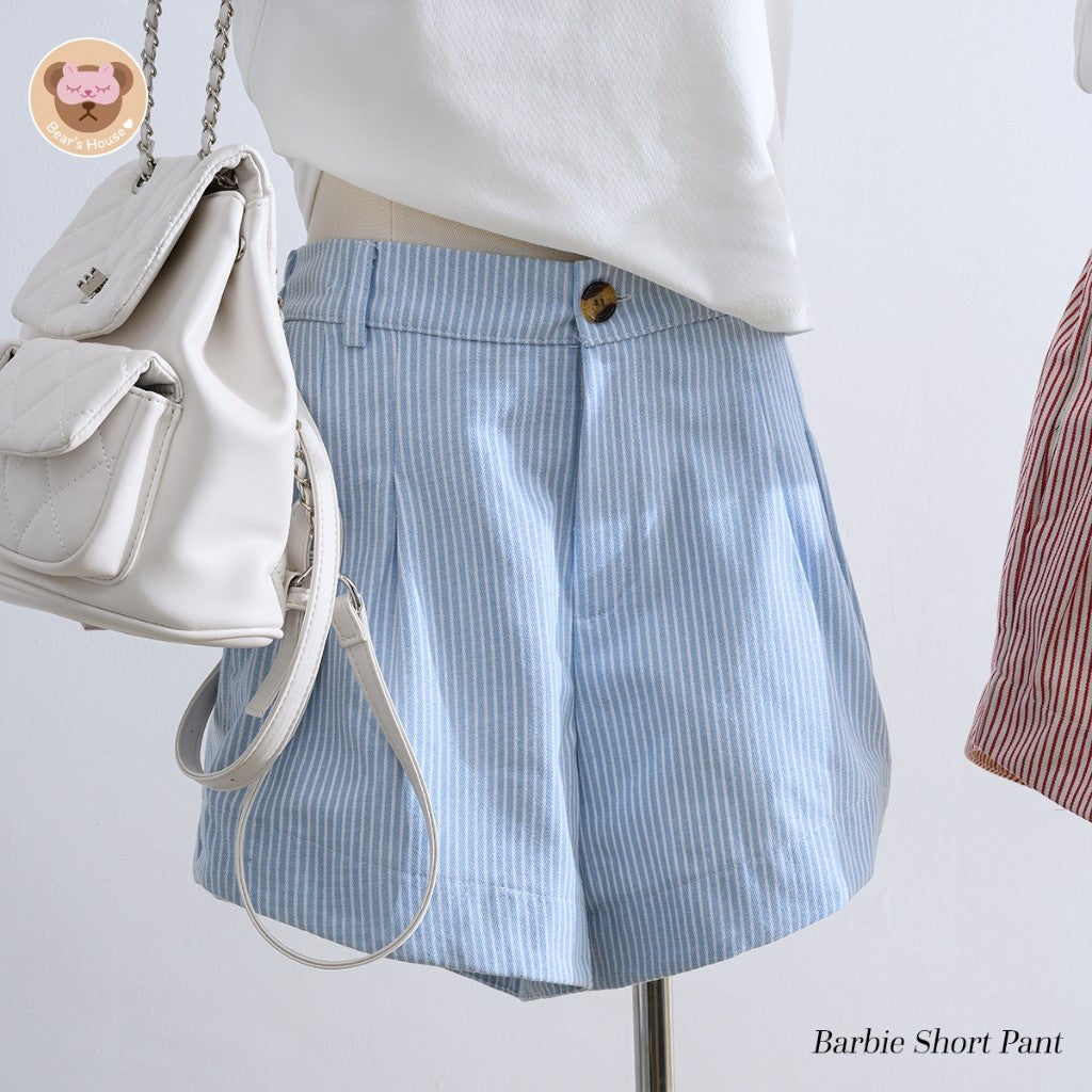Barbie Short Pant กางเกงขาสั้นลายริ้ว ทรงบาร์บี้ ดีเทลมีกระดุมซิปหน้า ด้านหลังสม็อค ผ้ากึ่งยีนส์มีน้ำหนัก